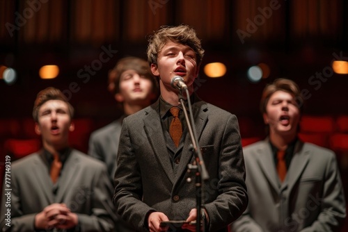 Four caucasian young men in suits sing in harmony with a musical ensemble in the background.