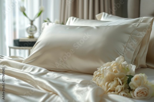 Pillows and sheets made of mulberry silk fabric, pillows and sheets with white satin texture, home furnishings store advertisements, high-end fabric silk products