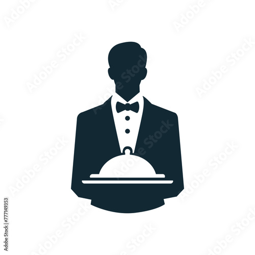 Waiter holding tray icon. Restaurant waiter, waitress, silhoutte icon symbol in line and flat style. Simple tuxedo silhouette of a man