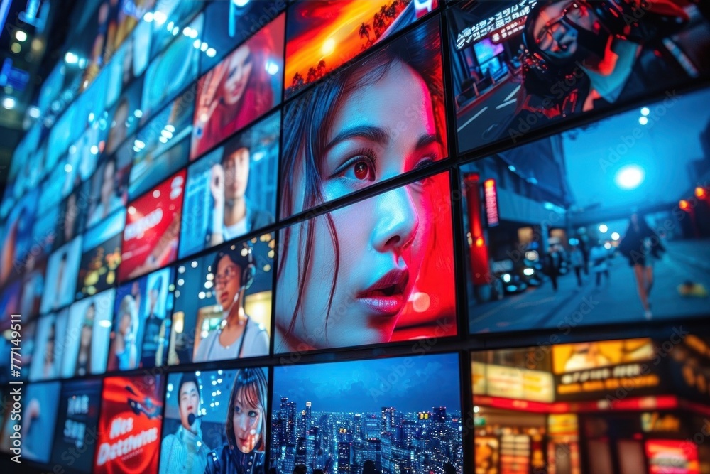 Close-up of a beautiful and trendy female face displayed on a large video wall in the background