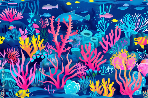 A vibrant underwater coral reef kingdom with fishermen showcasing a vibrant coral reef. There are many species of corals, swaying sea anemones and small colorful reef fish scurrying among the flora. © BetterPhoto