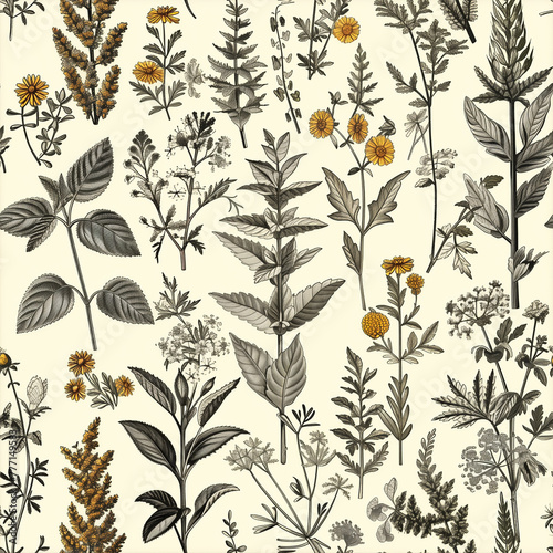 Vintage botanical seamless pattern with various plants showcasing various medicinal herbs and herbal remedies traditionally used in herbal medicine.