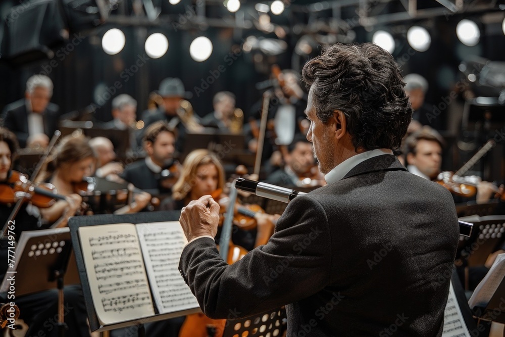 Obraz premium Energetic Male Conductor in Black Suit Leading Orchestra at Captivating Symphonic Concert