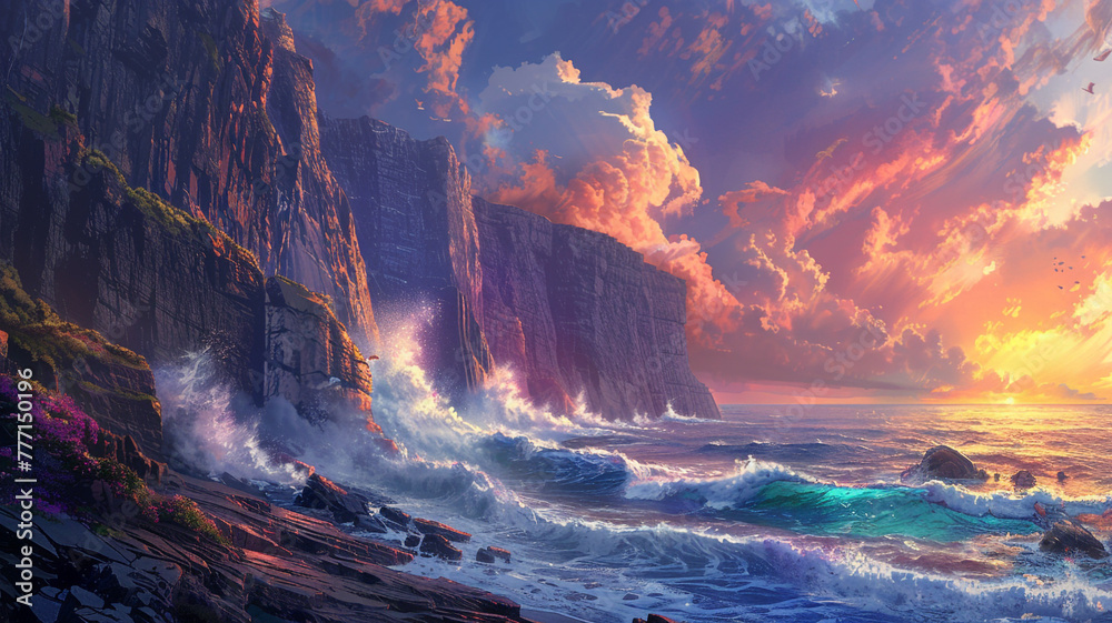 Dramatic coastal cliffs with crashing waves and a vibrant sunset sky.