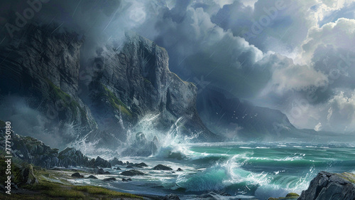 Dramatic coastal cliffs with crashing waves and a stormy sky, creating a sense of raw power.