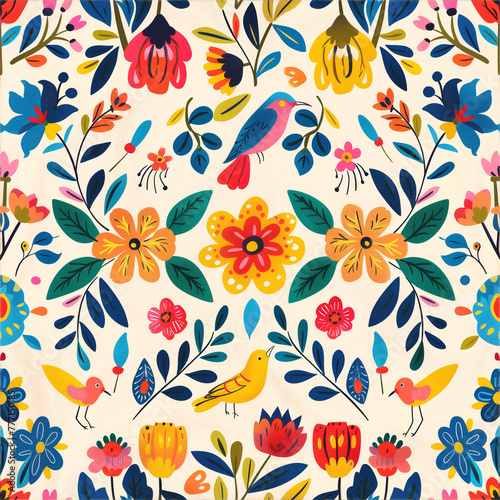 Colorful seamless ornament in folk style with birds and flowers  made in the style of folk art  with flowers  birds and decorative hand-painted elements typical of traditional crafts.