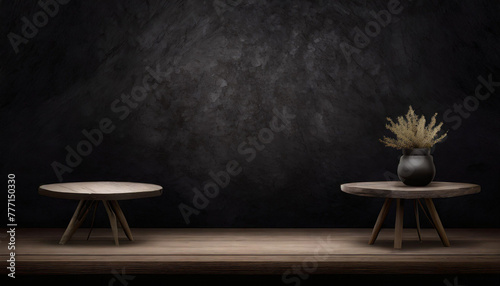 Wood table in front wall blur background with empty copy space on the table for product display mockup. Retro design montage presentation