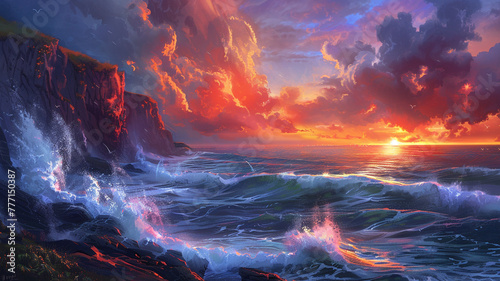 Dramatic coastal cliffs with crashing waves and a vibrant sunset sky.