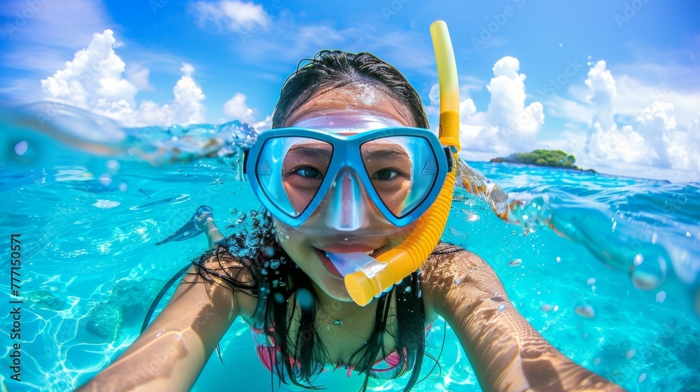 Solitary paradise  woman snorkeling with mask in serene, crystal clear sea at a secluded island