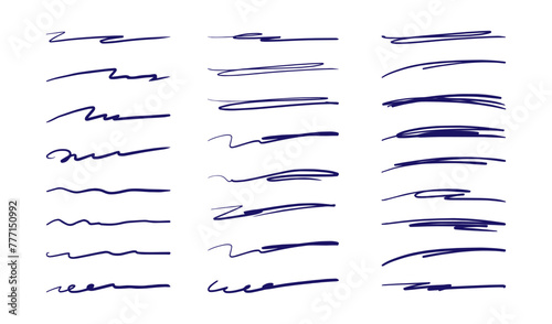 Hand drawn underline strokes. Sketch brush scribbles, ink marker squiggle lines, freehand pen stroke. Doodle painted curves, various pencil shapes and elements. Vector set