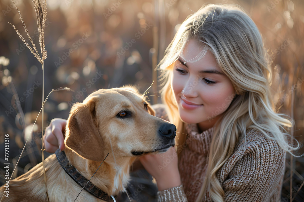 young blonde woman with candid smile petting her dog young blonde woman with candid smile petting her dog