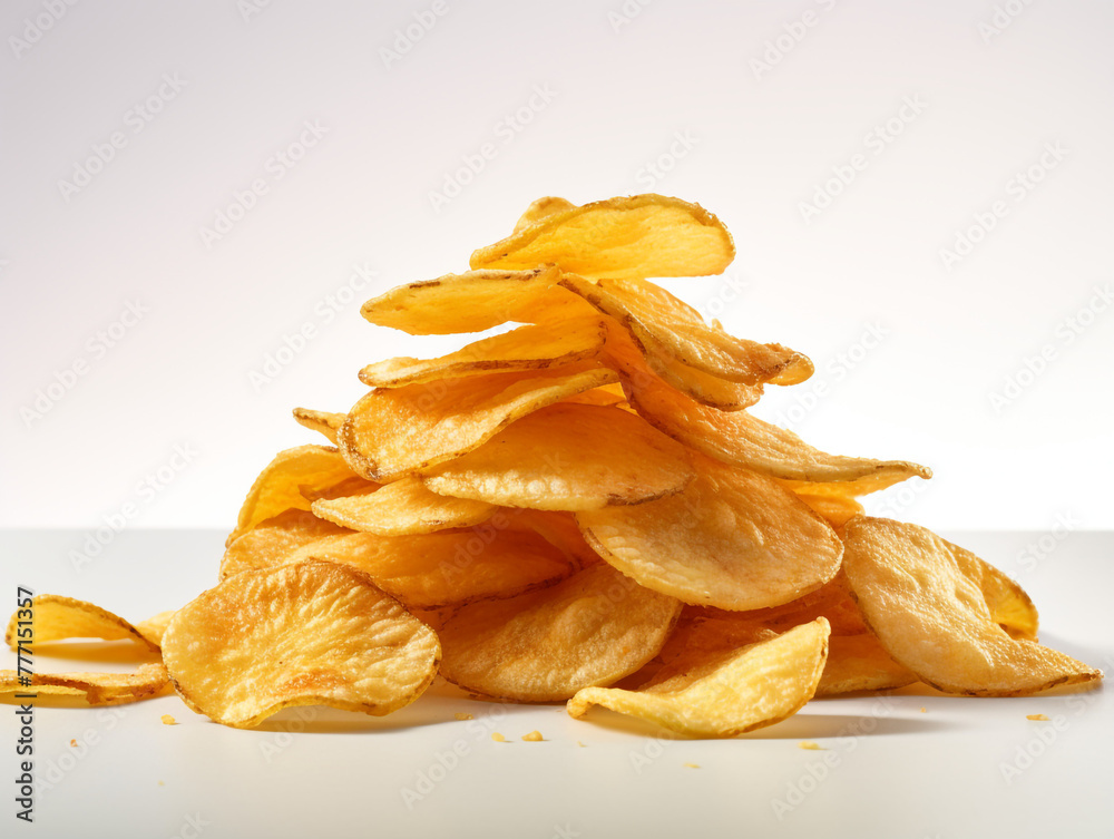 stack fried snack prepared chips, white background сreated with Generative Ai stack fried snack prepared chips, white background сreated with Generative Ai