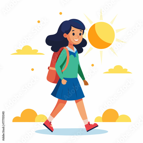 Vibrant morning as a beautiful student girl strides confidently to school, sunlight casting a warm glow on her, with her backpack slung over her shoulder