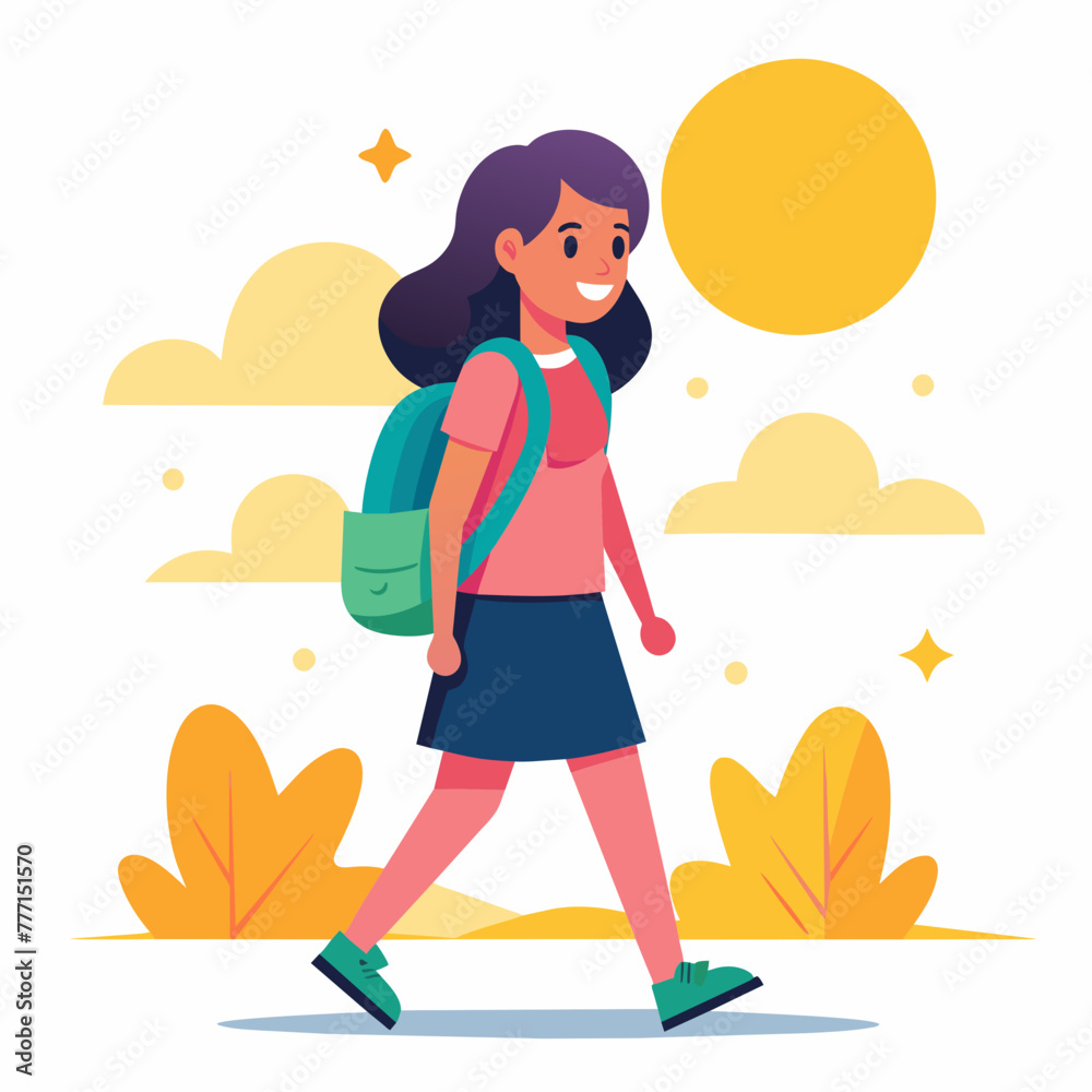 Vibrant morning as a beautiful student girl strides confidently to school, sunlight casting a warm glow on her, with her backpack slung over her shoulder