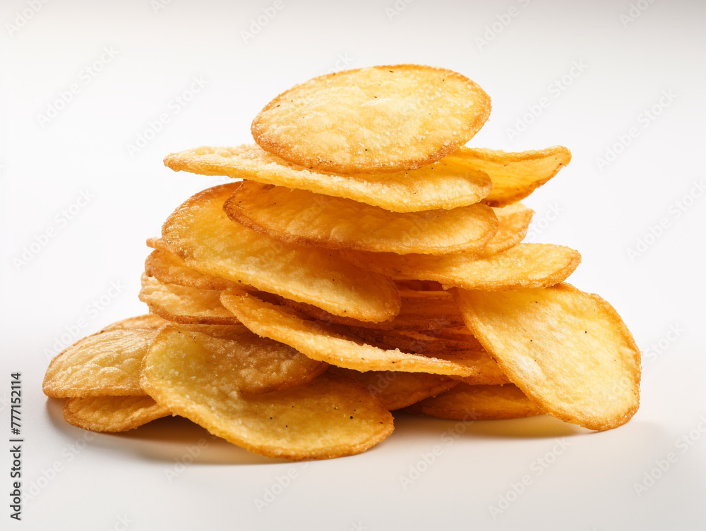 stack fried snack prepared chips, white background сreated with Generative Ai stack fried snack prepared chips, white background сreated with Generative Ai