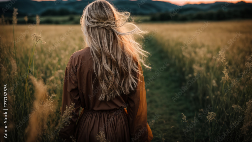 Beautiful blond woman walking in field view from behind. Back view of blond woman in field. Woman walking in wheat back view. Beautiful blond woman walking in field view from behind. Back view of blond woman in field. Woman walking in wheat back view.