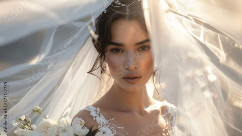 Elegant bridal gown on a radiant model with a veil and bouquet. photo