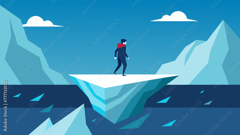 A cartoon illustration of a person walking on an iceberg unaware of the hidden dangers lurking beneath the surface representing how our biases