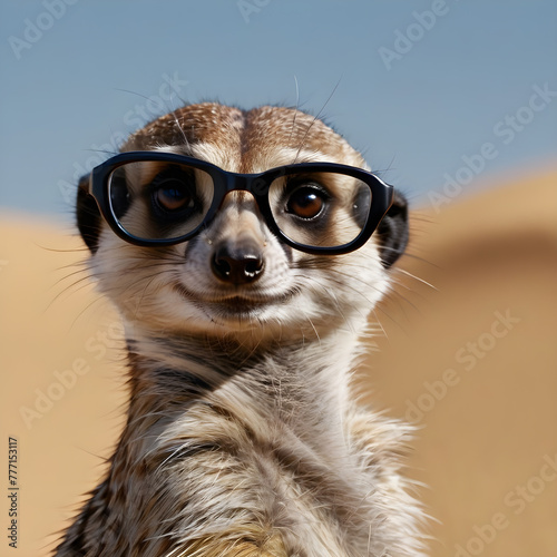 a meerkat with glasses on a beige background. the space is textual. copy space. for postcards ,posters