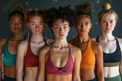 A group of women of different skin colors and body shapes wearing fitness clothes, women wearing yoga clothes of different colors, healthy life, figure and health, fitness advertising, sportswear adve