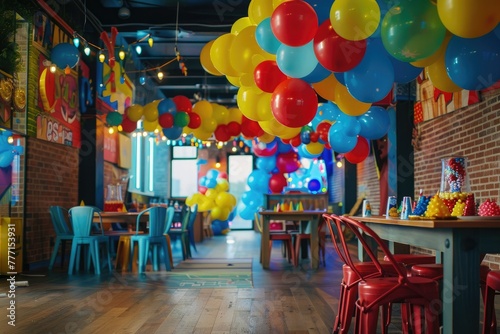 Children's birthday party restaurant, colorful children's restaurant decorated with balloons, children's birthday invitation card photo