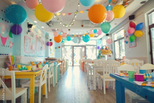 Children's birthday party restaurant, colorful children's restaurant decorated with balloons, children's birthday invitation card