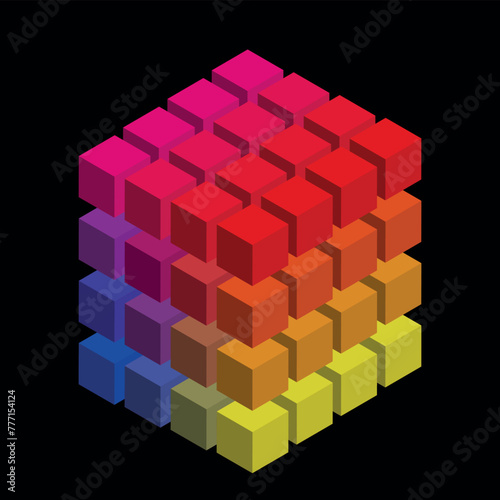 Color cube. Many small cubes. 3 d. Abstraction. A cube in a cube