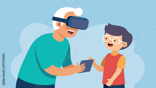 A child carefully instructs their elderly relative on how to use a virtual reality headset allowing them to experience a new level of