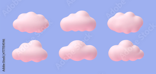 Pink clouds. Cartoon soft pink rounded cloud 3D shapes for game and animation. Magic sunset clouds isolated on blue background vector set