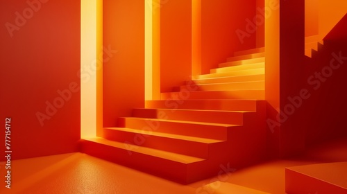 Minimalist architectural details. Vibrant orange room with stairs. Clean bright neon orange background.