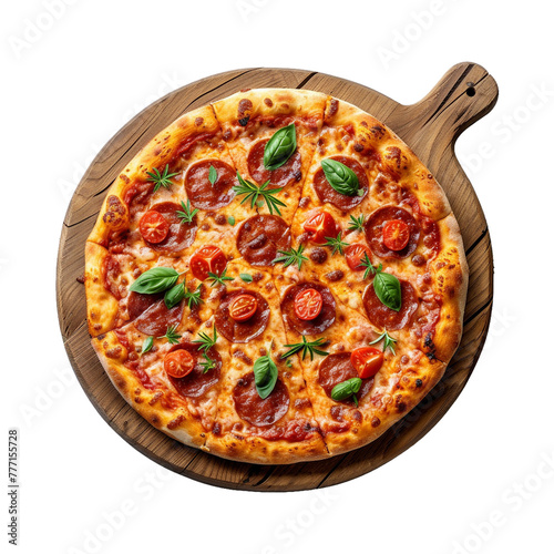 Pizza on wooden board top view on transparent background