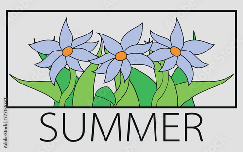 Illustration of flowers. Text Summer.  Banner of summer. Vector on a gray background. Print. © Dima