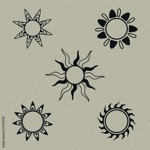 Set of Black sun icons. 5 pieces. Vector on a gray background. © Dima