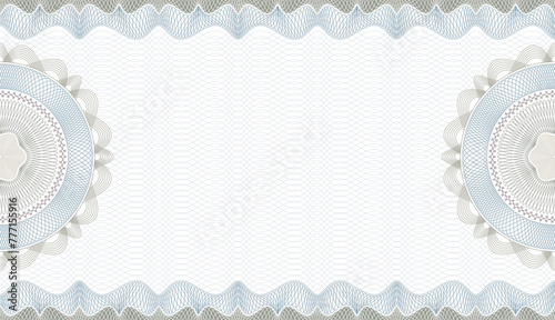 Gift certificate. Voucher with guilloche grid and pattern coupon or cheque template with guilloche border and rosette. Watermark security editable stroke vector paths