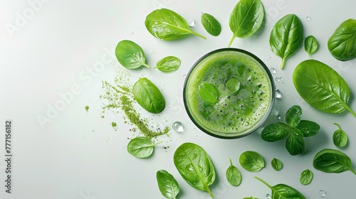 Glass of green juice with basil leaves and water drops on a white background with copy space