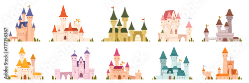 Cartoon castles. Fairytale medieval towers. Royal old building place kingdom. Magic stone castle exterior with tower fortress and citadel. King and queen palace. Vector set