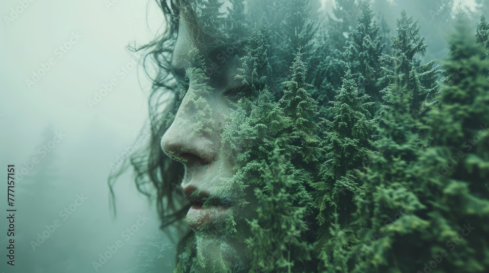 Woman s silhouette merging with serene forest backdrop in striking double exposure art