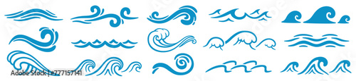 Blue ocean waves. Abstract sea silhouette wave icon. Marine decorative splashes, spray, splatter water sign. Tsunami, nautical tide, storm and weather on ocean. Vector set