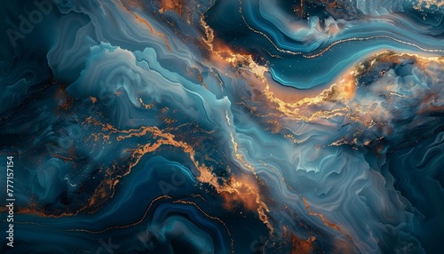 "Marbled effect in blue and gold tones on the background."