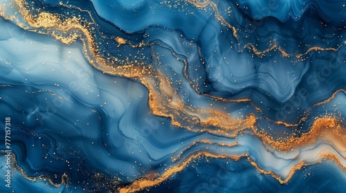 "Blue and gold watercolor marble background with bold strokes."