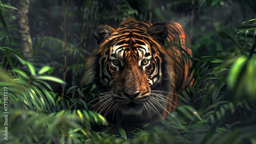 Ferocious tiger prowling through the dense jungle. © CREATER CENTER
