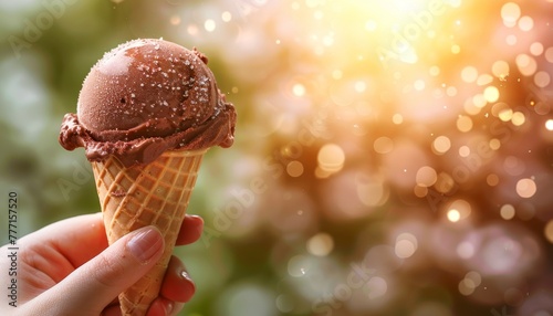 Elderly person enjoying ice cream in urban park with blurred background, space for text