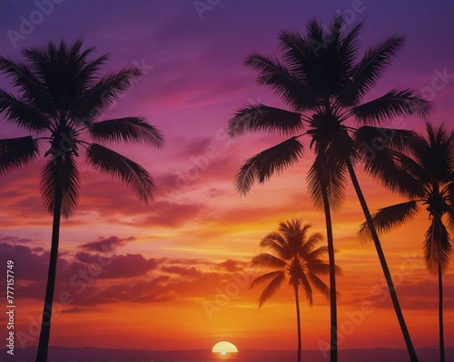 The image captures a breathtaking tropical sunset. Vibrant hues of orange, purple, and pink illuminate the sky, with silhouettes of palm trees adding to the ambiance.