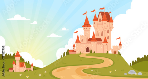 Fairy castle landscape. Cartoon magic rose palace on greem hill. Fantasy medieval kingdom tower. Fairytale fantasy background with royal princess castle. Vector illustration photo