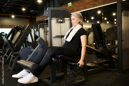 athletic mature gray haired woman in comfy sportswear training on leg curl machine while in gym photo