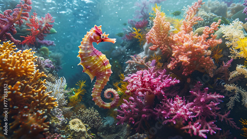 Gentle seahorse floating amidst colorful coral reefs. © CREATER CENTER