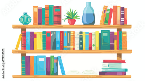 Bookshelf with books and vase with plant on white background
