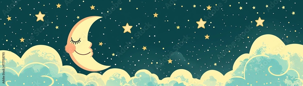 Crescent moon and cloud with rosy cheeks, starlit sky, closeup, sweet illustration , isolated background