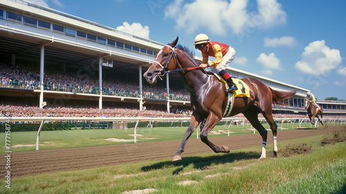A horse is running on a track with a crowd of people watching. The horse is wearing a yellow and red outfit photo