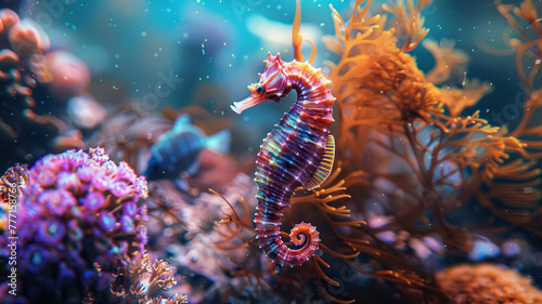Gentle seahorse floating amidst colorful coral reefs.